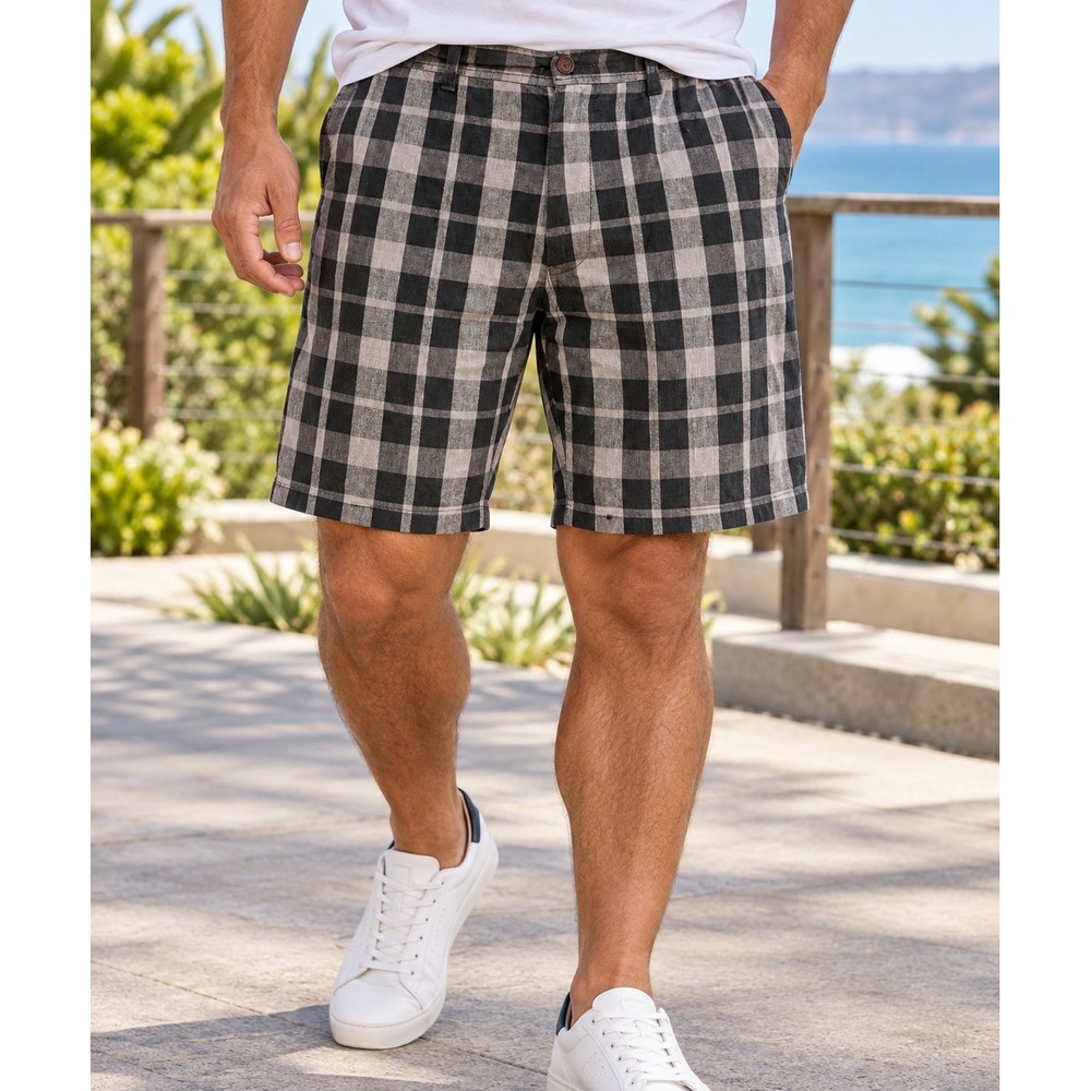 Tommy Bahama Shorts Mens 36 Black Tan Plaid Linen Silk Blend Flat Front Preppy